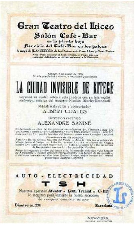 Programa d el'estrena de La ciutat invisible de Kitej al Liceu (1926) gentilesa de l'arxiu del Gran Teare del Liceu